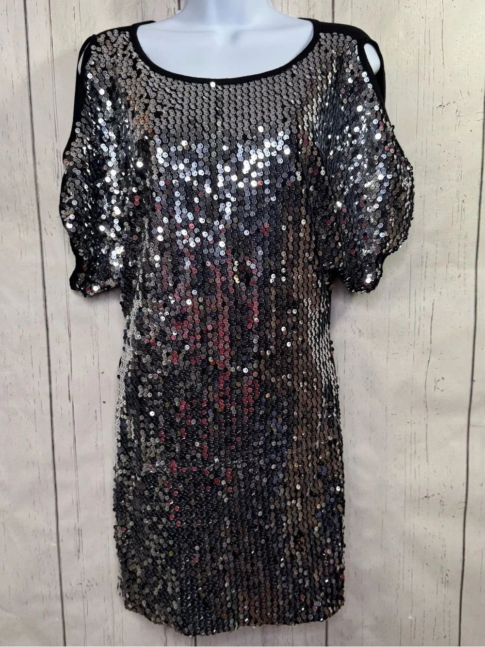 Umgee USA Black Silver Sequin Cold Shoulder Party Dress Y2K Disco Party Size S